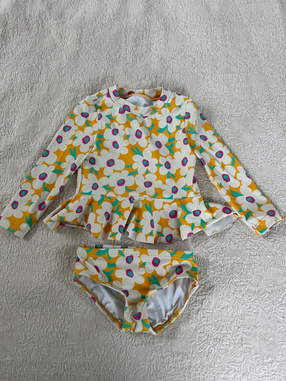 Hannah Andersson Girls Floral Ruffle Two-Piece Swim Set - Yellow & White